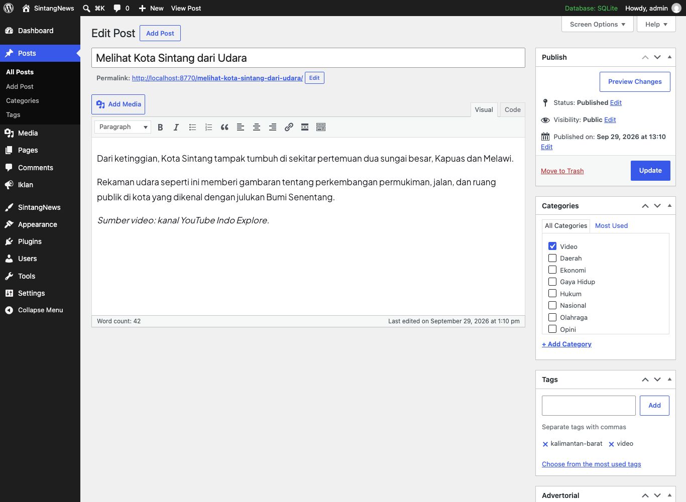 Kotak Advertorial dan Video YouTube di editor berita